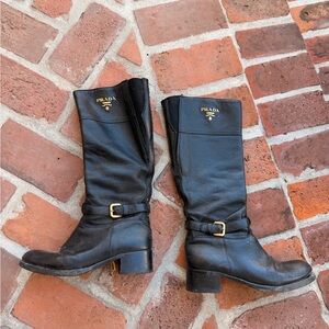 Prada Black Leather Heeled Boots with Gold Accents
